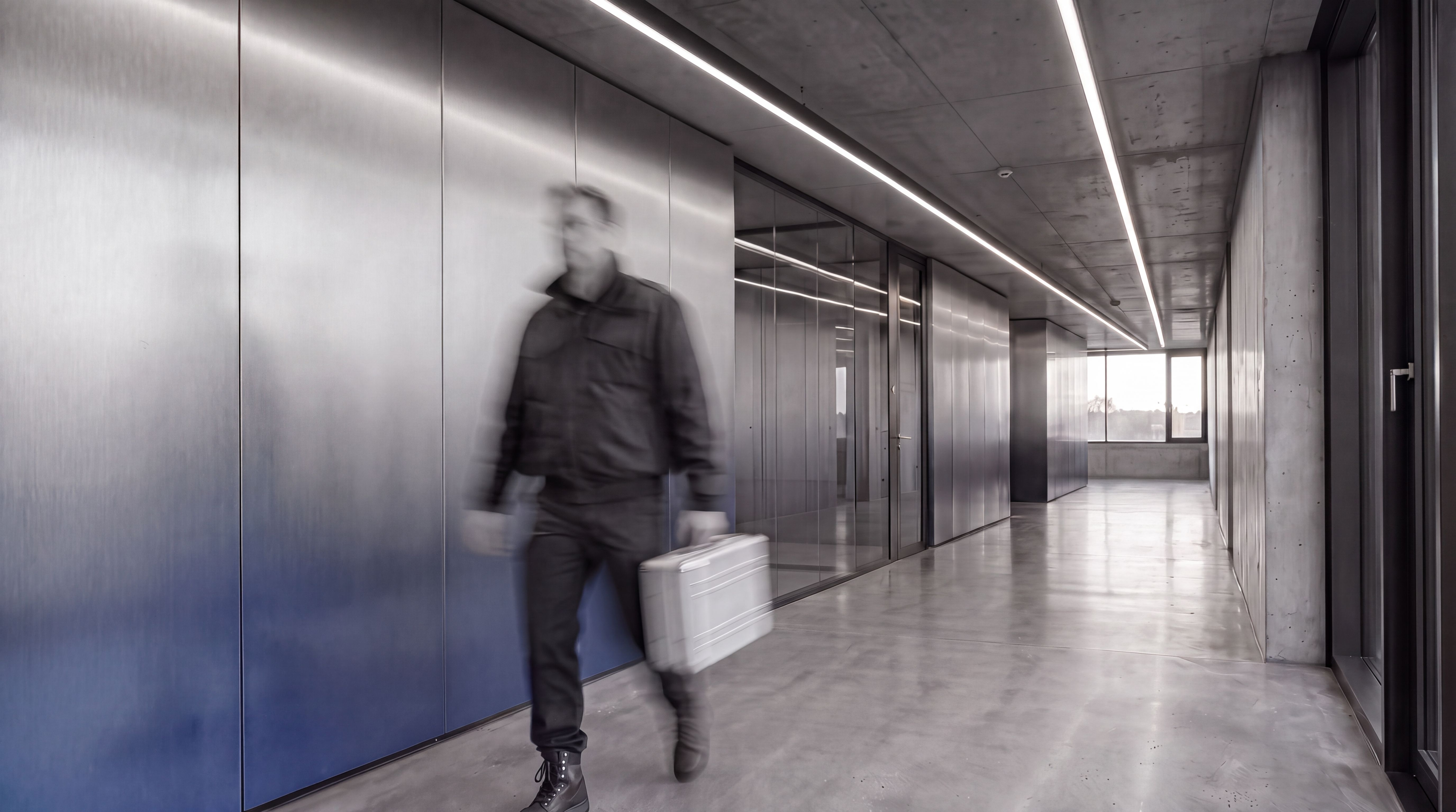 Person mit Metallkoffer geht durch einen Flur mit Metallwänden